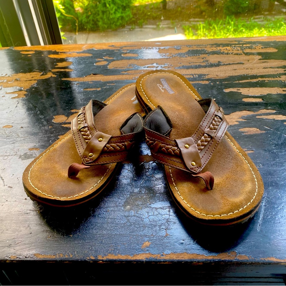 Clarks Boho Flip Flop Sandals - Fenner Nerice Honey Brown - Size 9 Faux leather